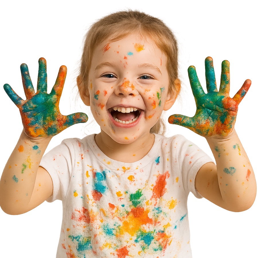 Happy child with paint-covered hands and a colourful t-shirt